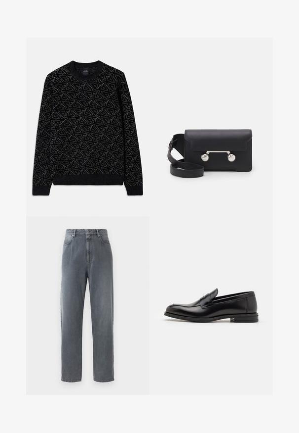 Black sweater with a textured pattern in dark green. Features a crew neck, long sleeves, and ribbed cuffs and hem.; High-waisted, straight-leg jeans in faded gray denim, featuring five pockets, a button closure, and subtle fading on the fabric.; Black leather loafers with a smooth texture, rounded toe, and a decorative strap across the vamp. Low stacked heel, minimalist design.; Black leather crossbody bag with a flap closure, silver-tone hardware, and two round accents. Features a detachable strap. Smooth texture.