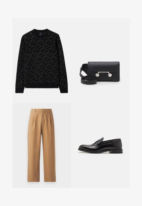 Mustapaita, jossa on tummanvihreä tekstuuri. Ominaisuuksiin kuuluu pyöreä kaula-aukko, pitkät hihat sekä ribbaustyyliset hihansuut ja helma.; Ruskeat, leveät housut, jotka on valmistettu sileästä kankaasta. Ominaisuuksia ovat korkea vyötärö, laskokset, vyölenkit ja yksi etutasku.; Mustat nahkakengät, joissa on sileä pinta, pyöreä kärki ja koristeellinen nauha jalkapöydän yli. Matala pinoitu koroke, minimalistinen muotoilu.; Mustan nahkainen olkalaukku, jossa on läppäkiinnitys, hopeanväriset yksityiskohdat ja kaksi pyöreää koristetta. Varustettu irrotettavalla hihnalla. Sileä pinta.