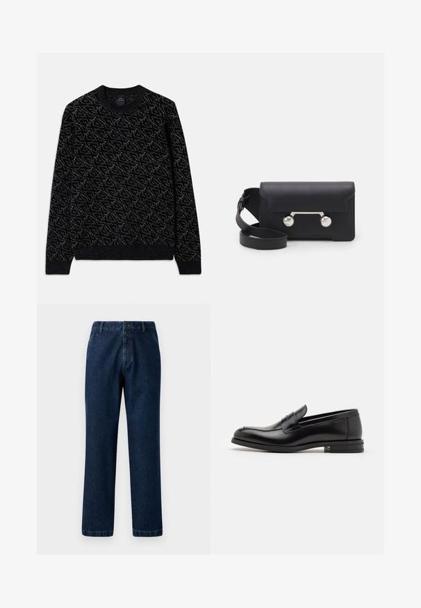 Zwarte trui met een gestructureerd patroon in donkergroen. Beschikt over een ronde hals, lange mouwen en ribgebreide manchetten en zoom.; Donkerblauwe denim jeans met een recht model, knoopsluiting en ceintuurlussen. De stof heeft een subtiele textuur en klassieke stikseldetails.; Zwarte leren instappers met een gladde textuur, ronde neus en een decoratieve band over de wreef. Lage, gestapelde hak en minimalistisch ontwerp.; Zwarte leren schoudertas met een klep, zilverkleurige hardware en twee ronde accenten. Voorzien van een afneembare schouderriem. Soepele textuur.