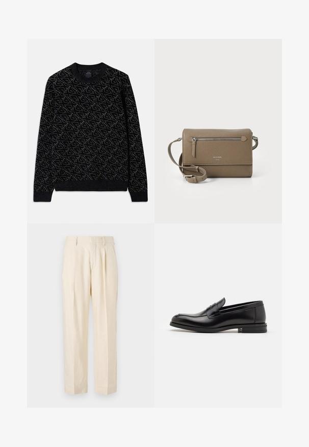 Sort sweater med et struktureret mønster i mørkegrøn. Har en rund halsudskæring, lange ærmer og ribbede manchetter og kant.; NN.07 KAY - Bukser - off white; Sorte læderloafers med en glat overflade, rund tå og en dekorativ strop over vampen. Lav hæl med stabeldesign, minimalistisk stil.; Taupe læder crossover taske med en lynlåslomme foran, justerbar skulderrem, pebble tekstur og præget logo på forsiden.