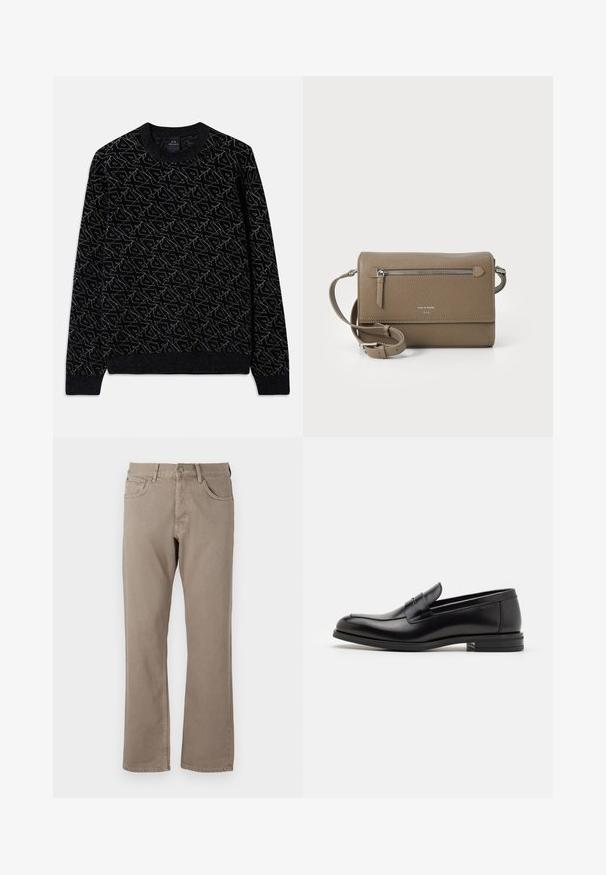 Juodas megztinis su tekstūruotais raštais tamsiai žalia spalva. Turi apvalią apykaklę, ilgomis rankovėmis, o rankogaliai ir apatinė dalis yra raukiniai.; Smėlio spalvos tiesaus kirpimo džinsai, pagaminti iš medvilnės audinio, turintys penkias kišenes, sagą ir užtrauktuką, bei matomas siuvimo linijas palei siūles.; Juodos odinės loafers, turinčios lygų paviršių, apvalią noselę ir dekoratyvinę juostą per priekinę dalį. Žemas krentantis kulnas, minimalistinis dizainas.; Kakavinės odos per petį maišas su užtrauktuku priekinėje kišenėje, reguliuojama dirželiu, akmens tekstūra ir iškilniu logotipu priekyje.