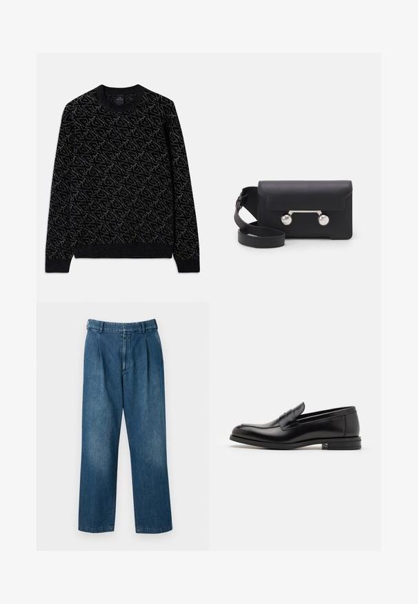 Mustapaita, jossa on tummanvihreä tekstuuri. Ominaisuuksiin kuuluu pyöreä kaula-aukko, pitkät hihat sekä ribbaustyyliset hihansuut ja helma.; Siniset farkut suoranlahkeisella muotoilulla, joissa on korkea vyötärö, etupleatit ja perinteinen nappikiinnitys. Sileä tekstuuri.; Mustat nahkakengät, joissa on sileä pinta, pyöreä kärki ja koristeellinen nauha jalkapöydän yli. Matala pinoitu koroke, minimalistinen muotoilu.; Mustan nahkainen olkalaukku, jossa on läppäkiinnitys, hopeanväriset yksityiskohdat ja kaksi pyöreää koristetta. Varustettu irrotettavalla hihnalla. Sileä pinta.