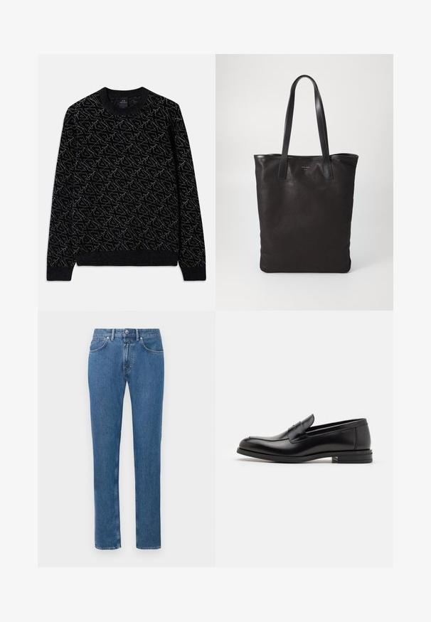 Czarny sweter z teksturowanym wzorem w ciemnozielonym kolorze. Posiada okrągły dekolt, długie rękawy oraz ribbowe mankiety i dół.; Niebieskie, wysokie spodnie typu straight leg z przodem na guziki i zamek, pięcioma kieszeniami oraz szlufkami na pasek, wyeksponowane na białym tle.; Czarne skórzane mokasyny o gładkiej fakturze, zaokrąglonym nosku i dekoracyjnym pasku na przodzie. Niski, warstwowy obcas, minimalistyczny design.; Czarna torba na ramię z czarnymi skórzanymi uchwytami. Prosty design, pojemne wnętrze i gładka faktura. Bez widocznych logo ani wzorów.