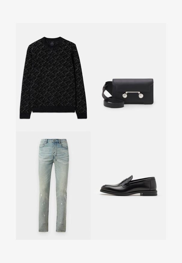 Juodas megztinis su tekstūruotais raštais tamsiai žalia spalva. Turi apvalią apykaklę, ilgomis rankovėmis, o rankogaliai ir apatinė dalis yra raukiniai.; Pilkai mėlyni aukšto liemens džinsai, su siauru siluetu. Yra šviesėjimo ir purslų detalės visame audinyje. Pagaminti iš denimo su kontrastingais siūlais.; Juodos odinės loafers, turinčios lygų paviršių, apvalią noselę ir dekoratyvinę juostą per priekinę dalį. Žemas krentantis kulnas, minimalistinis dizainas.; Juodas odinis kryžminis krepšys su sklendės uždarymu, sidabro spalvos detalėmis ir dviem apvaliais akcentais. Yra nusiimamas diržas. Lygus paviršius.