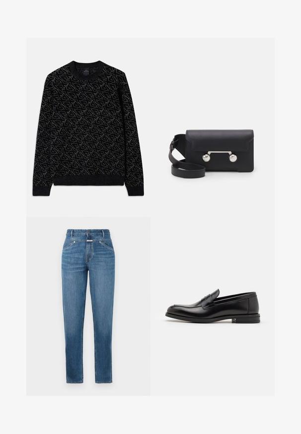 Zwarte trui met een gestructureerd patroon in donkergroen. Beschikt over een ronde hals, lange mouwen en ribgebreide manchetten en zoom.; Blauwe high-waisted rechtlopende jeans met voorkruiszakken, riemlussen, knoopsluiting en subtiele vervagingsdetails.; Zwarte leren instappers met een gladde textuur, ronde neus en een decoratieve band over de wreef. Lage, gestapelde hak en minimalistisch ontwerp.; Zwarte leren schoudertas met een klep, zilverkleurige hardware en twee ronde accenten. Voorzien van een afneembare schouderriem. Soepele textuur.