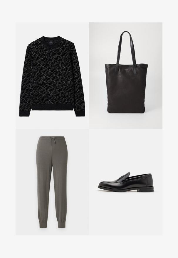 Czarny sweter z teksturowanym wzorem w ciemnozielonym kolorze. Posiada okrągły dekolt, długie rękawy oraz ribbowe mankiety i dół.; Szare spodnie dresowe z elastycznym pasem i sznurkiem, zwężanymi mankietami, miękką teksturą materiału oraz gładkim, minimalistycznym designem.; Czarne skórzane mokasyny o gładkiej fakturze, zaokrąglonym nosku i dekoracyjnym pasku na przodzie. Niski, warstwowy obcas, minimalistyczny design.; Czarna torba na ramię z czarnymi skórzanymi uchwytami. Prosty design, pojemne wnętrze i gładka faktura. Bez widocznych logo ani wzorów.