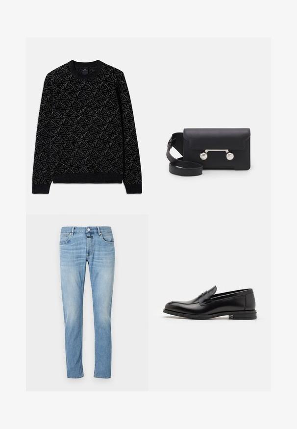 Maglione nero con un motivo testurizzato di un verde scuro. Presenta un collo a giro, maniche lunghe e polsini e orlo a coste.; Jeans in denim azzurro chiaro con un design a gamba dritta, cinque tasche e cuciture visibili. Il tessuto sembra morbido con una finitura sbiadita.; Mocassini neri in pelle con una texture liscia, punta arrotondata e una striscia decorativa sulla tomaia. Tacco basso impilato, design minimalista.; Borsa a tracolla in pelle nera con chiusura a patta, hardware in tonalità argento e due accenti tondi. Dotata di una tracolla removibile. Texture liscia.