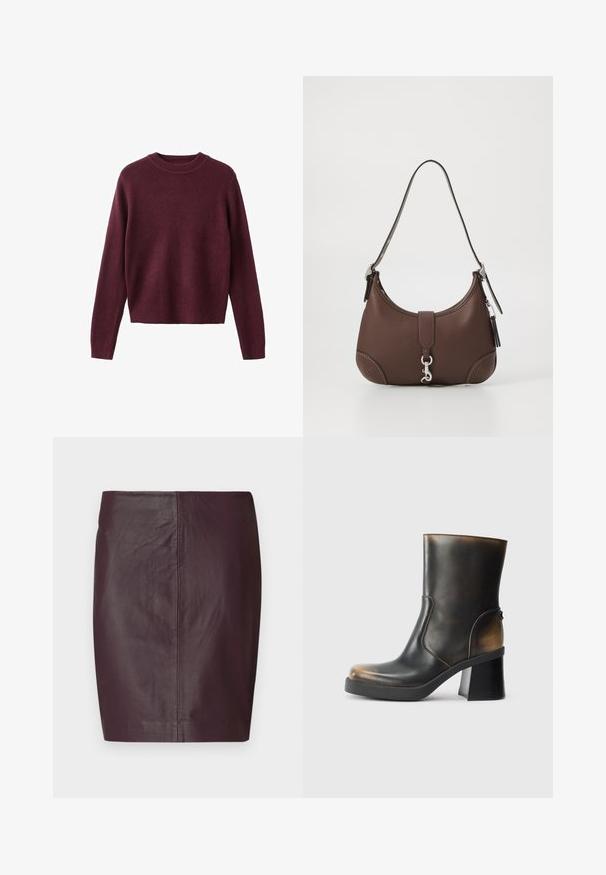 Langärmliger Pullover mit Rundhalsausschnitt aus Strick in dunkelburgunderrot, mit gerippten Bündchen und Saum, auf einem weißen Hintergrund präsentiert.; Dunkelburgunderfarbene Lederrock mit glatter Textur, tailliertem Design und geradem Schnitt. Verfügt über minimale Nähte und keine sichtbaren Beschläge.; Schwarze Leder-Stiefelette mit glänzender Oberfläche, abgerundeter Zehenform, kontrastierenden tanfarbenen Akzenten, Blockabsatz und seitlichem Reißverschluss.; Braune Lederhandtasche mit runder Form, silbernem Zubehör und dekorativer Naht. Verfügt über einen Schulterriemen und einen Verschluss mit Clip.