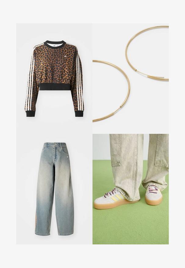 Leopardimustriga lühike pusakas pikade varrukatega, must ribakant ja kolm valget triipu igal varrukal. Rinna peal on väike logo.; Heledad sinine denimpüksid, laiad ja pleekinud viimistlusega. Omab ees taskuid, nupuväärdiga sulgemist ja peent logo vöökoha peal.; Tossud on heledast hallist nahast ülemisest osast, kolme kollase triibuga ja mitmevärviliste paeltega. Kummi alus, mis tagab haarde. Kanda heledate khaki pükstega.; Kulla värvi nõelad, õhukesed ja ümmargused, millel on sile metallist pind ja ilma kaunistuste või mustriteta.