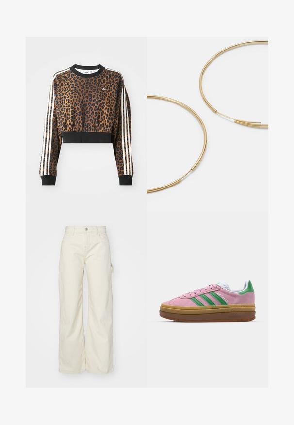 Krótki dres w panterkę z długimi rękawami, czarnym ściągaczem u dołu i trzema białymi paskami wzdłuż każdego rękawa. Posiada małe logo na klatce piersiowej.; Spodnie o szerokich nogawkach w jasnym beżowym kolorze, z wysokim stanem, przednimi kieszeniami oraz bocznym detalem w postaci pętli dla zwiększenia funkcjonalności.; Różowe zamszowe sneakersy z zielonymi paskami, białymi akcentami i brązową gumową podeszwą. Posiadają teksturowany materiał i detale logo po boku.; Złote kolczyki w kształcie cienkich okrągłych obręczy, o gładkim metalicznym wykończeniu, bez zdobień czy wzorów.