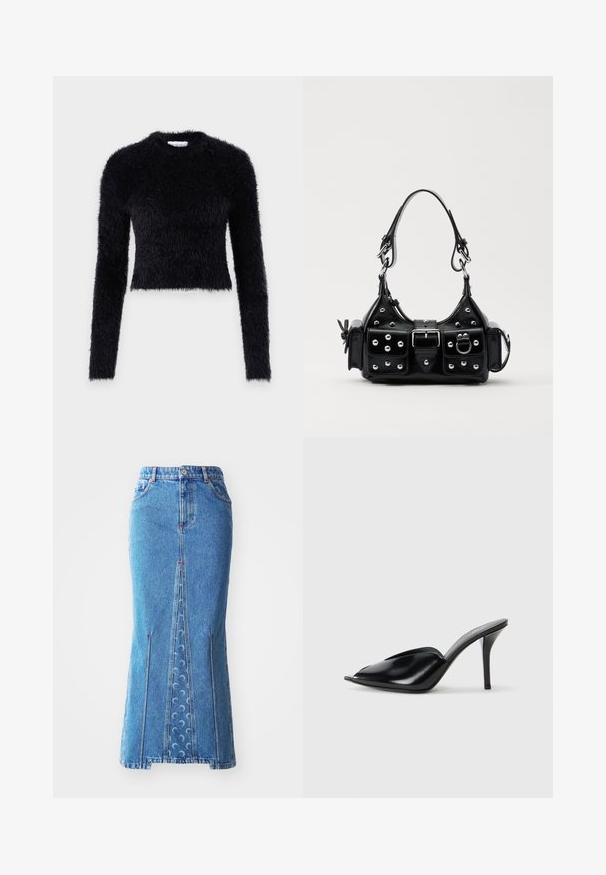 Suéter preto, cropped, com mangas longas, feito de material macio e fofinho. Apresenta um decote redondo e uma superfície texturizada.; Saia midi em denim azul claro com uma fenda frontal, costura em contraste, dois bolsos laterais e detalhes subtis em padrão de onda.; Mules de salto alto em couro preto, com ponta aberta, design pontudo, textura suave e um salto fino tipo stiletto.; Bolsa de couro preta com um design curvado, apresentando tachas prateadas, uma fivela e dois bolsos laterais. Alça ajustável para opções de transporte.