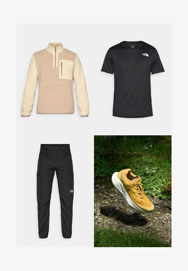 Sudadera de felpa en marrón y crema con cuello de media cremallera, bolsillo en el pecho delantero con cremallera y acento de logo en el bolsillo. Textura suave.; Camiseta negra de manga corta hecha de tejido texturizado, con un pequeño logotipo blanco en la parte superior izquierda del pecho, escote redondo.; The North Face HORIZON PANT - Pantalones montañeros largos - black; Zapatilla de running Salomon amarilla flotando sobre un camino de grava rodeado de hierba verde y pequeñas flores silvestres, iluminada por luz natural.