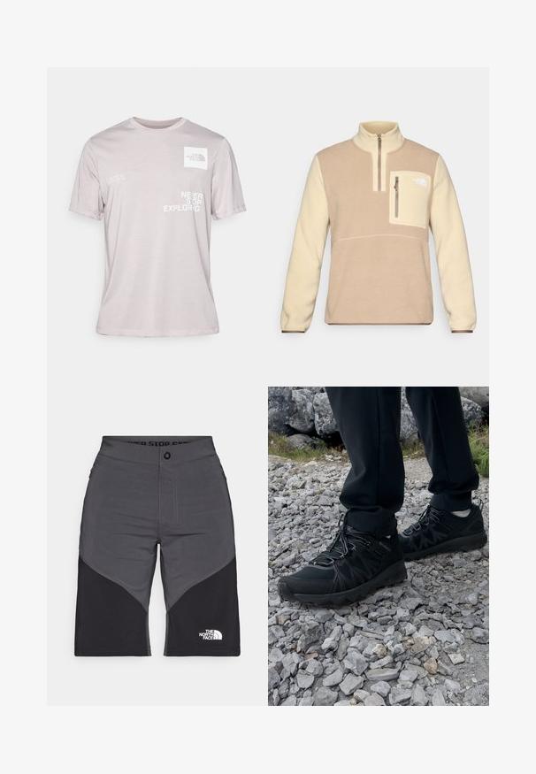 Fleece genser i brun og krem med halv glidelås-kant, brystlomme foran med glidelås og logo på lommen. Myk tekstur.; Lys grå bomulls t-skjorte med korte ermer, med en logo på venstre bryst og trykket tekst: "NEVER STOP EXPLORING," samt koordinater.; Grå og svarte shorts med paneldesign, frontlukkeknapp og The North Face-logo. Laget av et lett og slitesterkt materiale.; Sorte utendørssko i svart med mesh og syntetisk materiale, med en teksturert overdel, sikret snøresystem og en robust såle, på steinete terreng.