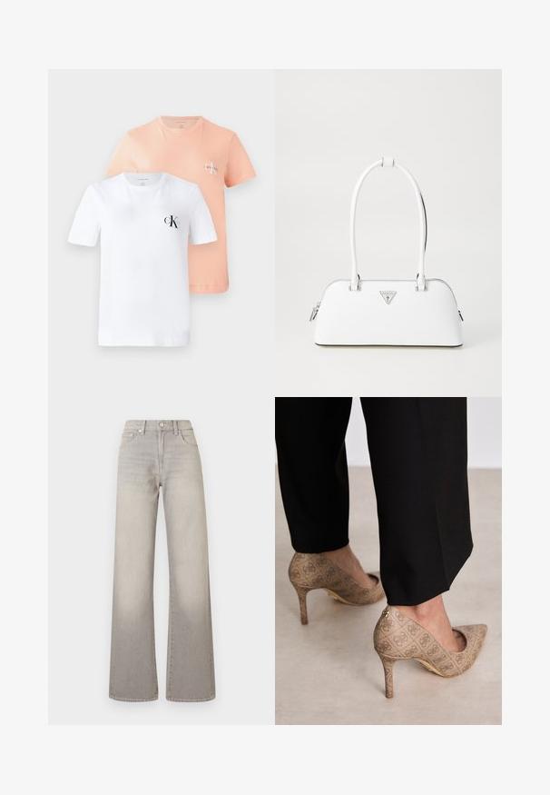 Balts turtlenecks džemperis ar ribotām aprocēm un hemu, kura priekšpusē ir kristālu rotājumiem dekorēta trīsstūrveida Guess logo ar jautājuma zīmi.; Divi īsām piedurknēm T-krekli: viens balts ar melnu CK logotipu, otrs gaiši persiku krāsā ar mazāku CK logotipu, abi izgatavoti no mīksta kokvilnas materiāla.; Pelēki plaša krusta džinsi ar izgaismotu apdari, pogu aizdari, piecu kabatu dizainu un izšūtiem detalizējumiem gar šuvēm.; Bežīgas augstpapēžu kurpes ar teksturētu audumu, kas rotāts ar atkārtotu rakstu. Norādītā pirksta dizains ar aizmugurējo akcentu un zelta papēža detaļām.; Baltā ādas rokassoma ar izliekta formu, kas aprīkota ar sudraba trīsstūrveida logotipu un rāvējslēdzēju. Gluda tekstūra un divi rokturi.