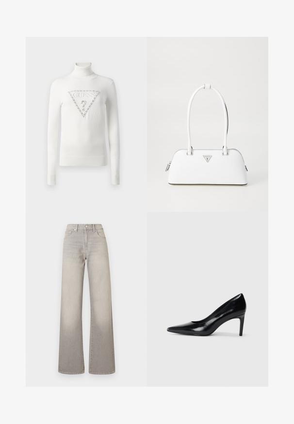 Vit polotröja med ribbade ärmslut och nederkant, med en kristalldekorerad triangulär Guess-logotyp med ett frågetecken på framsidan.; Grå vidbenade jeans med en blekt finish, knappstängning, femficksdesign och sömnad detaljer längs sömmarna.; Svart läder högklackad sko med spetsig tå, slät yta och avsmalnande klack. Minimalistisk design, inga ytterligare utsmyckningar.; Vit läderhandväska med en kurvig form, som har en silvertriangulär logotyp och dragkedjestängning. Slät textur och dubbla handtag.