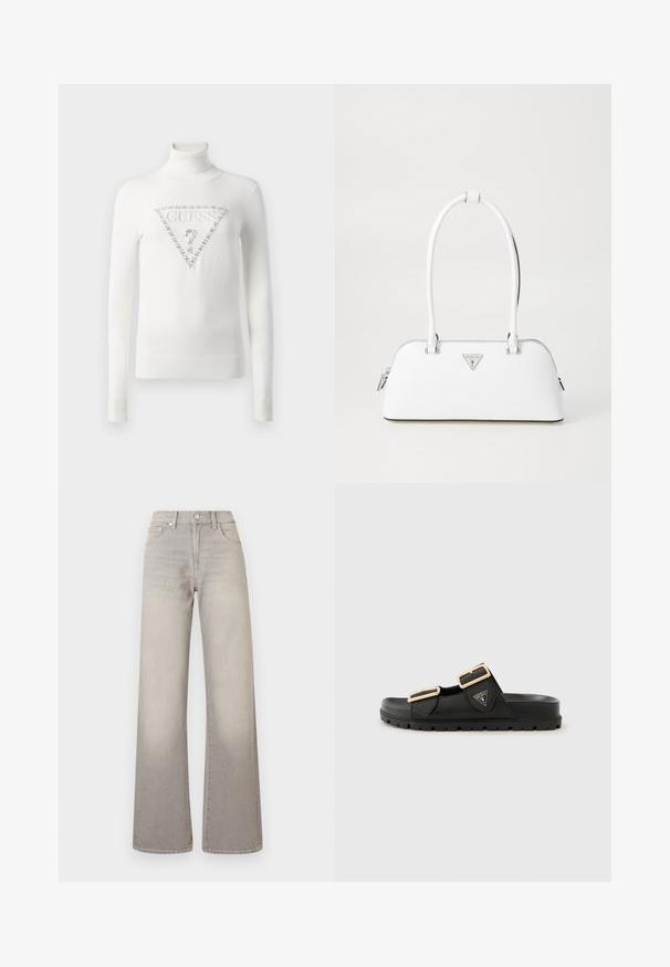 White turtleneck sweater with ribbed cuffs and hem, featuring a crystal-embellished triangular Guess logo with a question mark on the front.; Gray wide-leg jeans with a faded finish, button closure, five-pocket design, and stitched detailing along the seams.; Black slide sandals with two adjustable straps, gold-tone buckles, textured rubber upper, and a thick textured sole. Logo displayed on the side.; White leather handbag with a curved shape, featuring a silver triangular logo and zipper closure. Smooth texture and dual handles.