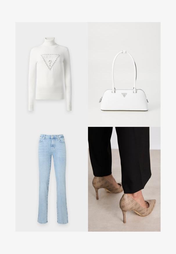 Pulover alb cu guler înalt, cu manșete și tiv ribbătate, având un logo triunghiular Guess, împodobit cu cristale și un semn de întrebare, pe partea din față.; Blugi de culoare albastru deschis, cu talie înaltă și croială dreaptă, cu închidere frontală prin buton și fermoar, cinci buzunare și detalii ușor decolorate.; Pantofi cu toc înalt bej, dintr-un material texturat ce prezintă un model repetitiv. Design cu vârful ascuțit, cu un accent la spate și detaliu auriu pe toc.; Geantă de mână din piele albă, cu o formă curbată, prezentând un logo triunghiular argintiu și închidere cu fermoar. Textură netedă și mânere duble.