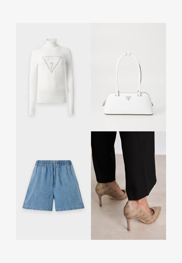 White turtleneck sweater with ribbed cuffs and hem, featuring a crystal-embellished triangular Guess logo with a question mark on the front.; Denim shorts in light blue with an elastic waistband and drawstring. They feature side pockets and a relaxed fit with stitched hems.; Beige high-heeled shoes with a textured fabric featuring a repeating pattern. Pointed toe design with a back accent and gold heel detail.; White leather handbag with a curved shape, featuring a silver triangular logo and zipper closure. Smooth texture and dual handles.