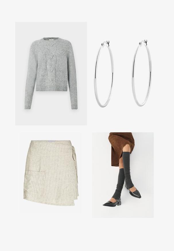 Lys grå strikket genser med lange ermer, rund hals og sentral flettestrikkmønster på forsiden.; Beige omslagsskjørt med vertikale striper. Har en sidelomme, teksturert stoff og justerbar knyting i livet.; Sorte lakkpumps med spiss tå, blokkhel, og ankelstropp, kombinert med grå ribbestrikkede beinvarmere og et brunt semsket skinn skjørt.; Sølv ringøredobber med en glatt, polert overflate og en tynn, sirkulær form. Designet har en sikker clasp.
