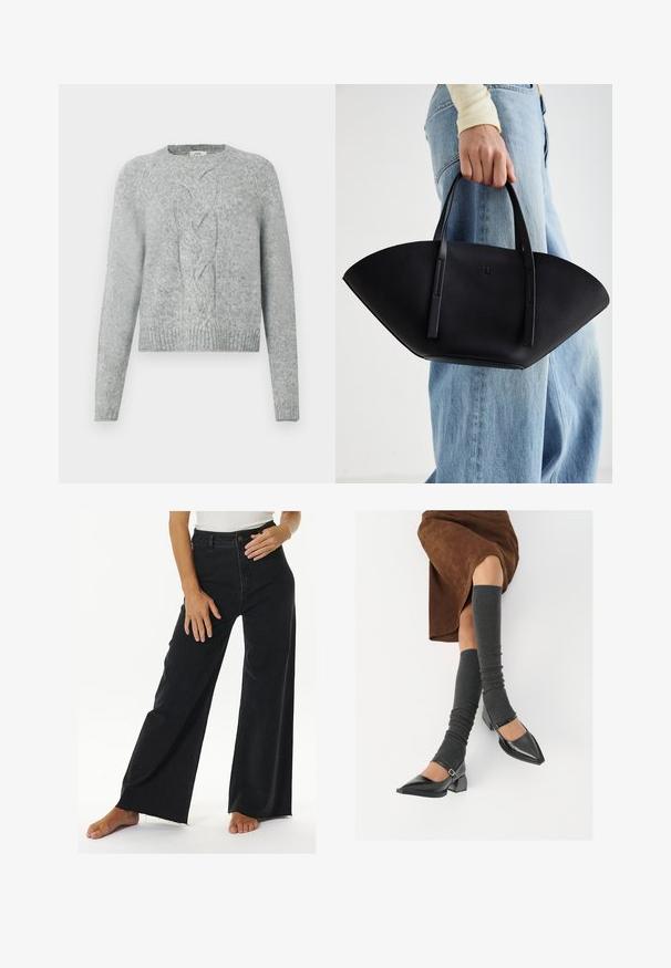 Lys grå strikket sweater med lange ærmer, rund hals og centralt kabelstrik på fronten.; Højtaljede sorte brede jeans lavet af denim, med knap- og lynlåslukning, rå kant-detaljer og sidelommer.; Sorte patenterede lædersko med spids tå, blokhæl og ankelrem, kombineret med grå ribbede benvarmere og en brun ruskinds nederdel.; Sort læderhåndtaske med en unik vifteform, der har flade håndtag. Overfladen har en pebblelignende tekstur og et minimalistisk design.