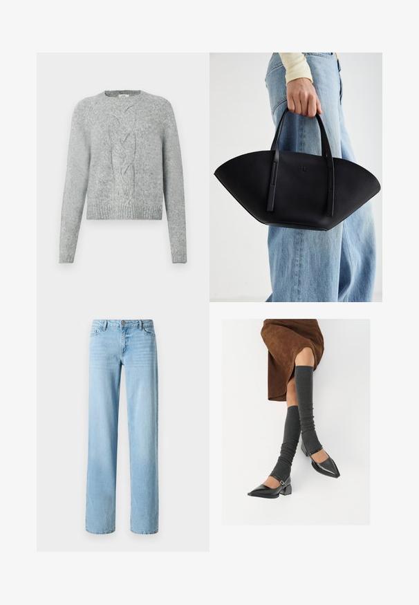 Helehallid kudumiga sviiter pikade varrukatega, ümar kaelus ja keskel soonikkoelus muster ees.; Heledad sinine denim teksad, sirge jala disainiga, viie taskuga ja esise eest nupukinnitusega. Sile tekstuur kerge tuhmumisega.; Mustad patsaline odav värviga kingad, millel on kreen ja pahkluuring, on paaritatud hallide ribakudumitega sääremiidega ja pruunist nahast seelikuga.; Must mustra kott, millel on unikaalne fännikujuline disain, millel on lapikud käepidemed. Pinna tekstuur on kivikujuline ja disain on minimalistlik.