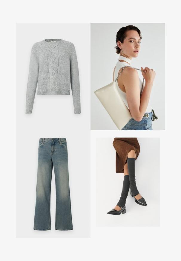 Light grey knit sweater with long sleeves, crew neck, and central cable knit pattern on the front.; Blue wide-leg denim jeans with classic five-pocket design and button-zip closure, featuring faded wash details on thighs and knees.; Black patent leather pointed-toe shoes with a block heel and ankle strap, paired with gray ribbed leg warmers and a brown suede skirt.; White rectangular clutch bag made of glossy material, featuring a silver chain strap. Model poses, showcasing the bag against a plain background.
