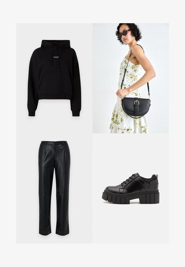 Svart croppad hoodie i bomullsblandning, med en framficka, dragsko på huvan och en liten vit logotyp på bröstet. Mjuk textur.; Svarta läderbyxor med rak skärning, utrustade med två framfickor, veckad design och en slät, glänsande yta.; Svarta läderplattformsskor med en kraftig blockklack, rund tå och traditionell snörningsdesign. Har en slät textur och minimal detaljering.; Svart läderhandväska med en böjd form, avtagbar rem och guldiga detaljer. Väskan har ett lock med en spänndetalj.