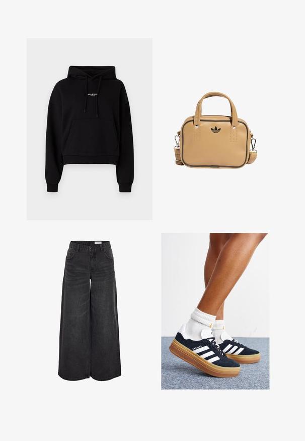 Svart cropped hoodie laget av bomullsblanding, med en frontlomme, snøring på hetten og en liten hvit logo på brystet. Myk tekstur.; Bredde ben svart denim bukser med høy midje, frontlommer og subtil tekstur; designet for en avslappet passform.; Svarte sneakers i semsket skinn med hvite striper og detaljer, rund tå, yttersåle i gummigummi, kombinert med hvite ribbestrikkede crew-sokker.; Tan vegan lærveske med to håndtak, avtagbar skulderrem, svart kontrastsøm, og en liten svart logo på fronten.