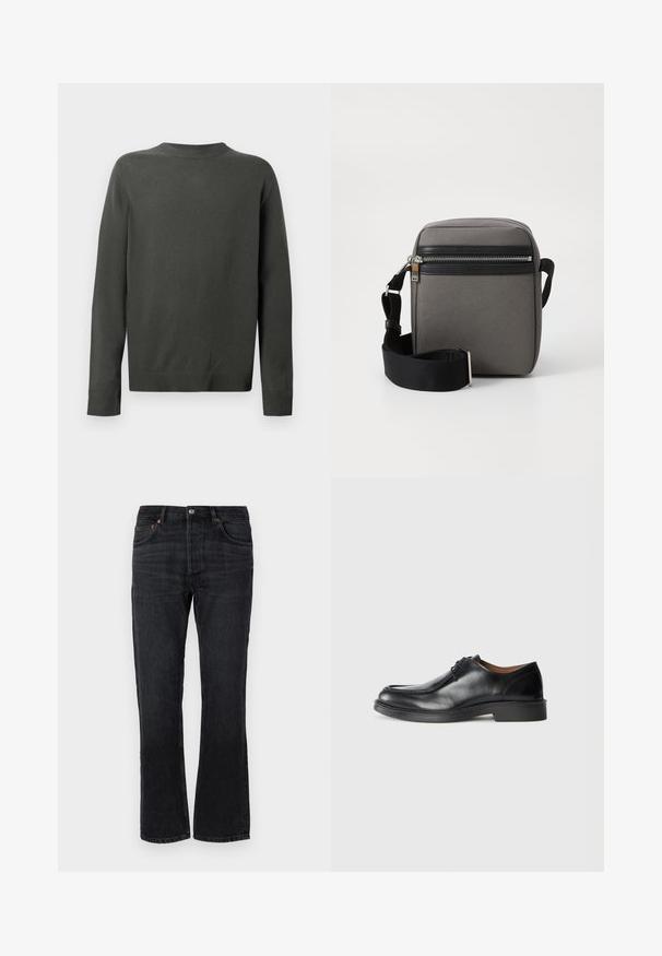 Tumši zaļš džemperis ar apaļu apkakli, garām piedurknēm un ribotām aprocēm un apakšmalu. Izgatavots no mīkstas, teksturētas auduma. Attēlota aizmugures skats.; Melni džinsi ar taisnu piegriezumu, pieci kabatas un oranžā šuvuma akcenti. Gluda tekstūra un minimālas izbalēšanas detaļas.; Melna ādas kleitu kurpe ar apaļu purngalu, gludu virsmu, auklu akcentiem un zemu, strukturētu gumijas zoli. Tīras līnijas un minimālistisks dizains.; Pelēka auduma plecu soma ar melnu kabatu ar rāvējslēdzēju, regulējamu siksnu un taisnstūra formu. Iezīmējas ar gludu tekstūru un metāla furnitūru.