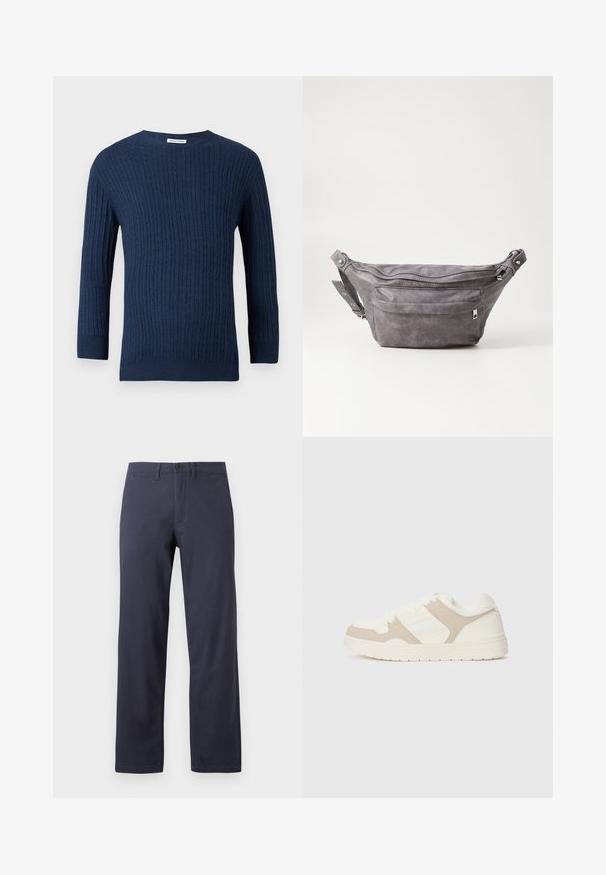 Le pull en tricot navy présente un motif côtelé texturé, un col rond et des manches longues. Fabriqué à partir d'un tissu doux avec une silhouette ajustée.; Pantalons droits bleu foncé en tissu mélangé coton. Comprend une fermeture à boutons à l'avant, des passants de ceinture et deux poches latérales.; Baskets blanches et beiges présentant une combinaison de textures lisses et en daim, un bout rond, un système de laçage et une semelle en caoutchouc plate.; Sac banane en suède gris avec une forme arrondie, deux compartiments zippés et une sangle réglable. Comprend des accents en métal.