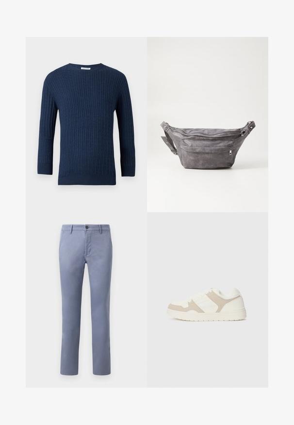 Jūras spēku zils adīts džemperis ar teksturētu ribu rakstu, apaļu kakla izgriezumu un garām piedurknēm. Izgatavots no mīksta auduma ar pieguļošu siluetu.; Gaiši zili kokvilnas chinos ar šauru piegriezumu, ar pogas aizdari, jostas cilpām un sānu kabatām, gludu tekstūru un taisnām kājām.; Baltas un bežs kedas ar gludu un zamšveida tekstūru apvienojumu, apaļu purngali, saiteņu aizdari un platu gumijas zoli.; Pelēks zamšādas jostas somiņa ar noapaļotu formu, divām kabatām ar rāvējslēdzējiem un regulējamu siksnu. Iekļauj metāla aksesuārus.