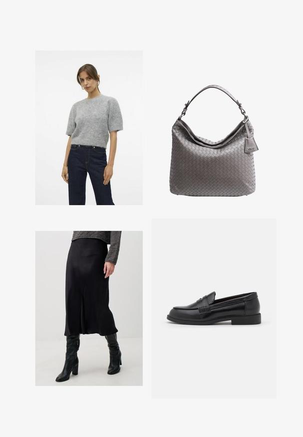 Grau, flauschiger kurzärmeliger Pullover mit rundem Ausschnitt, kombiniert mit dunkelhianblauen hoch taillierten Jeans. Weiche Textur, lässige Passform.; Jimmy Key WAIST MIDI - Bleistiftrock - black; Schwarze Lederloafers mit glatter Textur, abgerundeter Zehenpartie, gestickten Details auf dem Obermaterial und einer niedrigen, flachen Gummisohle.; Graue gewebte Leder-Hobo-Tasche mit einem lässigen Design, robustem Henkel und genähten Details. Enthält ein kleines Logotag, das angebracht ist.