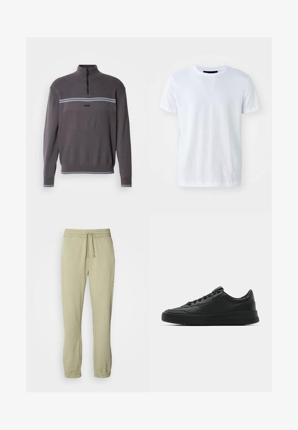 Gray quarter-zip sweater featuring a textured knit, horizontal blue stripes, and a front logo. Ribbed cuffs and hem provide structure.; White cotton t-shirt with short sleeves, round neck, and a smooth texture. Simple design, no patterns or visible hardware.; Light green jogger pants with elastic waistband, adjustable drawstring, and gathered cuffs. Made from soft fabric, featuring minimal design.; Black sneaker with smooth leather upper, round toe, flat laces, cushioned collar, and minimalistic design. Rubber sole with subtle tread pattern.