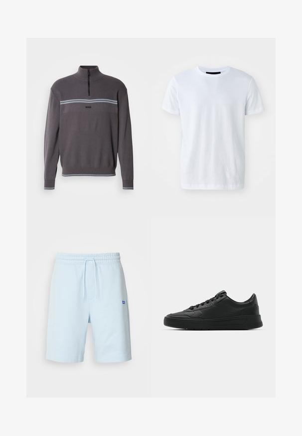 Pull gris à fermeture éclair quart avec un tricot texturé, des rayures horizontales bleues et un logo à l'avant. Les poignets et l'ourlet côtelés apportent de la structure.; T-shirt en coton blanc avec manches courtes, col rond et texture lisse. Design simple, sans motifs ni matériel visible.; Shorts en coton bleu clair avec taille élastique et cordon de serrage. Comprend des poches latérales et un petit logo bleu à l'avant.; Baskets noires avec tige en cuir lisse, bout rond, lacets plats, col rembourré et design minimaliste. Semelle en caoutchouc avec un motif de traction subtil.