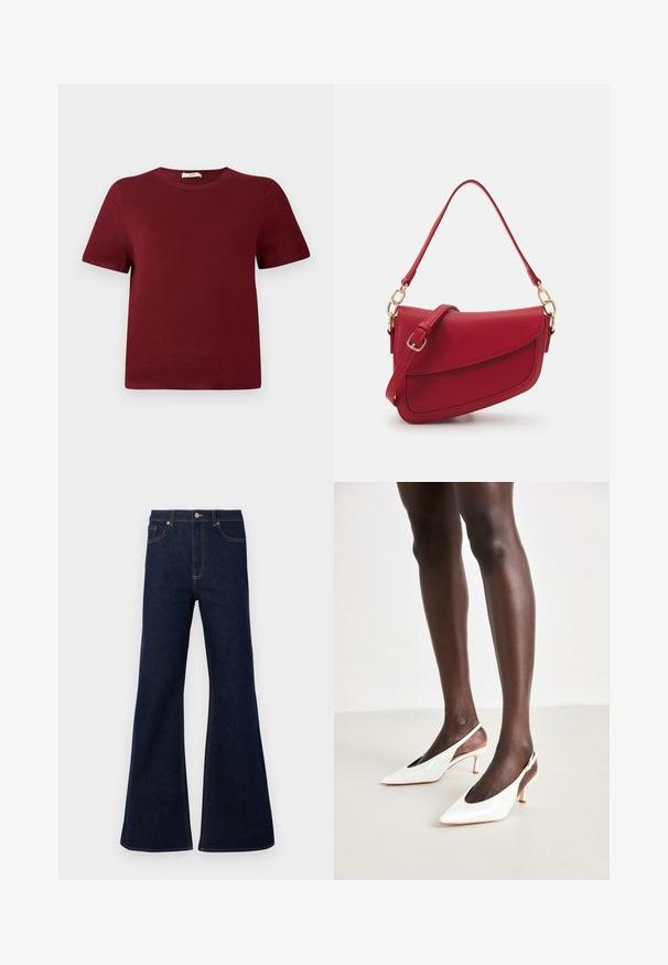 Karmínový svetr s krátkým rukávem vyrobený z měkkého pleteného materiálu; kulatý výstřih, žebrované manžety a spodní lem; jednoduchý design bez viditelných vzorů nebo akcentů.; Tmavě modré rozšířené džíny z denimu s vysokým pasem, předními kapsami a zlatými švy. Hladká textura s klasickým střihem.; Bílé lakované lodičky na podpatku s špičatou špičkou, štíhlým podpatkem a otevřenými stranami; hladká textura a minimalistický design.; Červená texturovaná kožená taška přes rameno s dlouhým popruhem a zlatými kovy, s vyklenutým uzávěrem a strukturovanou siluetou.