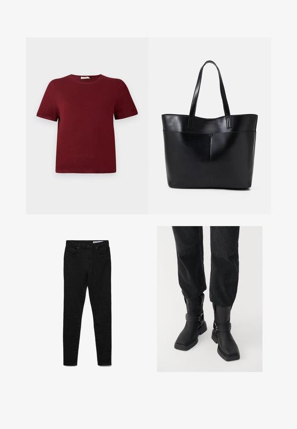 Burgundi lühikese varrukaga sviiter, mis on valmistatud pehmest kudumaterjalist; ümmargune kaelus, soonikkoes mansetid ja hem; lihtne disain, millel pole nähtavaid mustreid ega aksessuaare.; Mustad teksapüksid kitsas lõikega, keskmise kõrgusega vöökohaga, viie tasku, metallist nööpkinnituse ja peente õmblusedetailidega.; Mustas nahast pahkluu saapad ruudukujulise varbaga, laia rihma ja metallist luku detailiga. Saapad on tummise tallaga ja siledast tekstuurist.; Must mustaga musta nahast, millel on kaks pikka kanda, sile tekstuur ja struktureeritud kuju. Esipoolsel on lisakoti jaoks tasku.