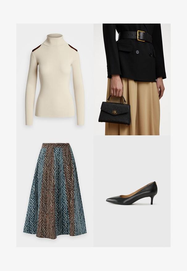 Pull à col roulé crème côtelé avec des manches longues et des accents d'épaules marron foncé. Design ajusté qui met en valeur la silhouette et la texture du corps.; Jupe midi marron et bleue avec un motif zigzag, un design plissé et une taille ajustée. Fabriquée en tissu léger.; Pompe noire en cuir avec un embout pointu, un petit talon et une texture lisse. Présente une légère ouverture à l'avant et un matériel minimal à l'arrière.; Sac à main noir structuré avec une finition texturée, quincaillerie dorée et une poignée supérieure. Porté avec un blazer noir et une jupe beige.