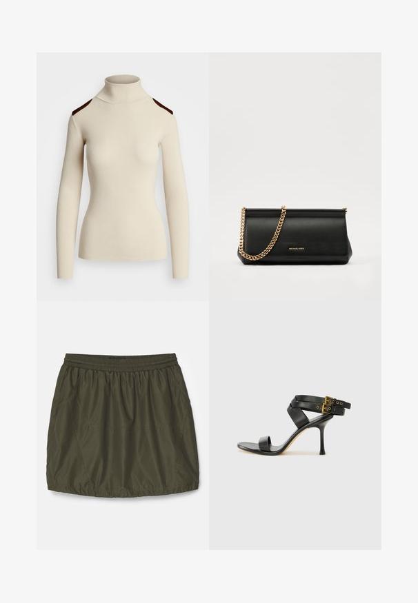 Rippiger cremefarbener Rollkragenpullover mit langen Ärmeln und dunkelbraunen Schulterakzenten. Figurbetonter Schnitt betont die Körperform und Textur.; Olivengrüner, leichter Rock mit elastischem Bund, geraffter Textur, Seitentaschen und genähten Details.; Schwarze Absatzsandale mit gekreuzten Riemen und verstellbarem Schnallenverschluss. Sie verfügt über eine glatte Textur und einen schmalen Stiletto-Absatz.; Schwarze Leder-Clutch mit einer goldenen Ketten-Trage, die eine glatte Oberfläche, rechteckige Form und geprägtes Branding auf der Vorderseite aufweist.