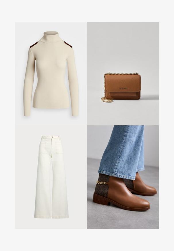 Ribota krēma krāsa augstā apkakle džemperis ar garām piedurknēm un tumši brūniem plecu akcentiem. Pieguļošs dizains izceļ ķermeņa formu un tekstūru.; Platās kājas džinsi off-white denima. Augsta jostasvieta ar pogu aizdari, divas priekšējās kabatas un kontrastējošas šuvju detaļas.; Brūni ādas potīšu zābaki ar gludu apdari, kuriem ir rakstaina tumši brūna sānu paneļa un zelta ķēdes akcents papēža daļā.; Brūna teksturēta ādas plecu soma ar zelta ķēdes siksnu un atloka aizdari. Priekšpusē ir logotipa detaļa un kabata zem atloka.