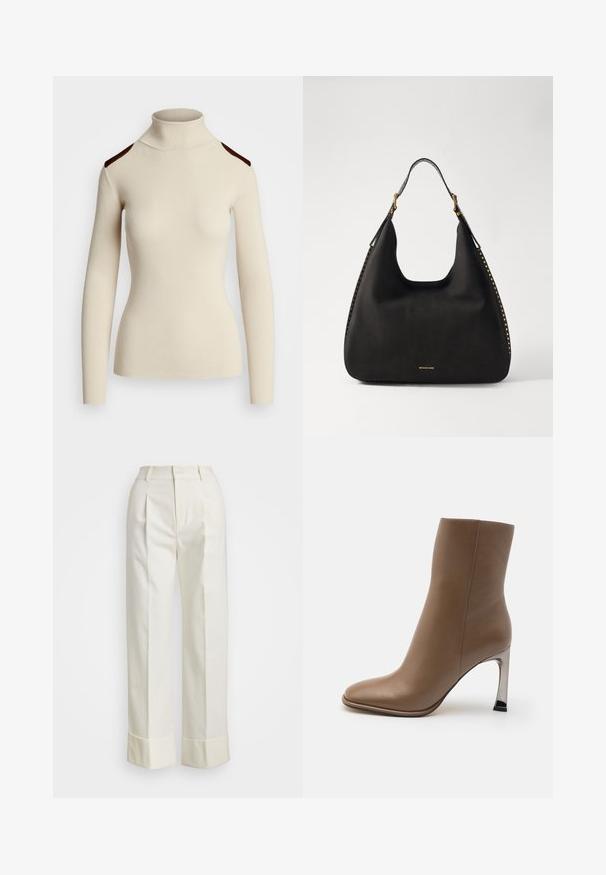 Ribbed cream turtleneck sweater with long sleeves and dark brown shoulder accents. Fitted design highlights body shape and texture.; White tailored pants featuring a high waist, double front pleats, and wide legs with folded cuffs. Made from a smooth, textured fabric.; MICHAEL Michael Kors KELSEA BOOTIE - High heeled ankle boots - driftwood; MICHAEL Michael Kors NOLITA HOBO  - Handbag - black
