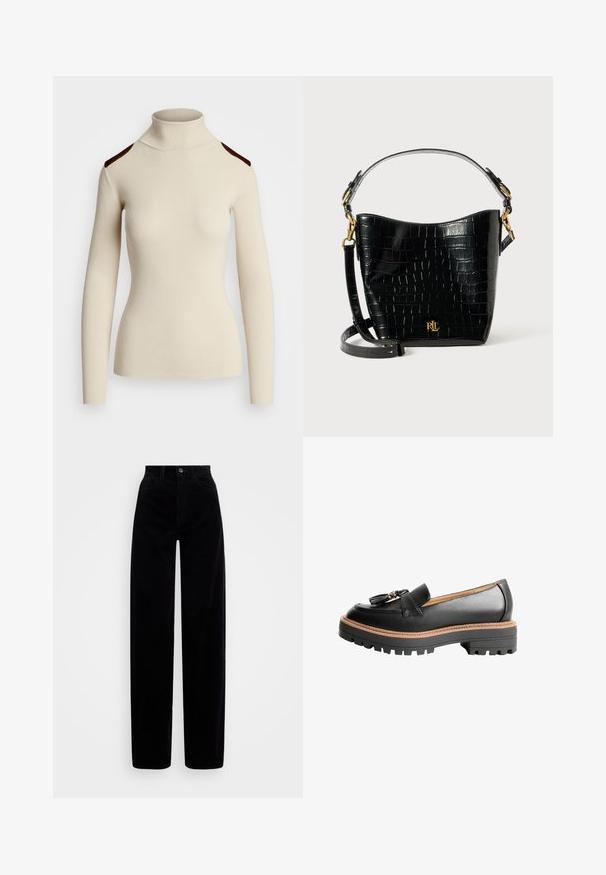 Ribota kreminė golfo megzta su ilgomis rankovėmis ir tamsiai ruda pečių akcentais. Prigludęs dizainas pabrėžia kūno formą ir tekstūrą.; Juodi kordūriniai džinsai su aukštu liemeniu, plačiomis kojomis ir vienu užtrauktuku priekyje. Lygus paviršius su vertikaliomis dygsniais.; Juodų odinių loaferių su apvalia nosimi, dekoratyvine kaspino detale ir masyviu juodu guminio pado su kontrastingais rudais siūlais.; Juodas krokodilo rašto odinis krepšys su lenkta forma, auksiniais aksesuarais, reguliuojama juosta ir logotipo detale priekyje.