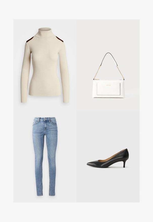 Rebrasti kremasti pulover s visokim ovratnikom, dugim rukavima i tamnosmešnim naglascima na ramenima. Usklađen dizajn ističe oblik i teksturu tijela.; Svijetloplave uske traperice izrađene od denima, s klasičnim pojasom, pet džepova i kontrastnim šavovima duž šavova.; Crne kožne cipele s uskim vrhom, niskom petom i glatkom teksturom. Imaju blago otvaranje sprijeda i minimalne metalne detalje straga.; Bijela kožna torba s teksturiranim završetkom, koja ima zlatni lančić i crne akcentne detalje. Uključuje prednji džep i zatvaranje na patentni zatvarač.