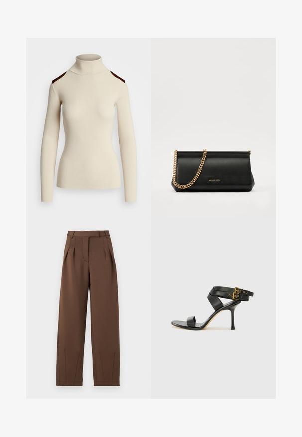 Ribbet krem turtleneck genser med lange ermer og mørkebrune skulderdetaljer. Figursydd design fremhever kroppens form og tekstur.; Brune bukser laget av glatt stoff, med høy midje, folder foran og en avslappet passform. Har side lommer og smale ben.; Svarte hælsandaler med kryssende stropper og justerbar spenne. Har en jevn tekstur og avsmalnende stilettoklakk.; Svart skinnkuvertveske med en gullkjede-rem, med en glatt tekstur, rektangulær form og preget merkevare på forsiden.