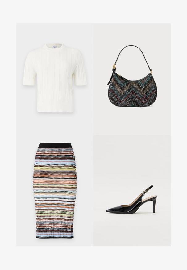 Baltas megztas trumpomis rankovėmis džemperis, turintis vertikalių raukšlių ir apvalią iškirptę. Pagamintas iš minkštos medžiagos su tekstūruotu paviršiumi.; Megztas pieštuko sijonas su daugiaspalve įstrižine raštu, kurio atspalviai apima mėlyną, smėlinę, rudą ir juodą. Viršuje elastinė juoda juosta.; Juodas lakinės odos slingback batelis su smailiu nosiu, plonu kulnu ir subtiliu išpjovos dizainu. Yra auksinė sagtis ant dirželio.; Juodas moteriškas rankinukas su lenkta forma, puikuojantis daugiakampiu raštu ir metaliniu siūlu. Jame yra odinė rankena ir auksinės spalvos detalės.