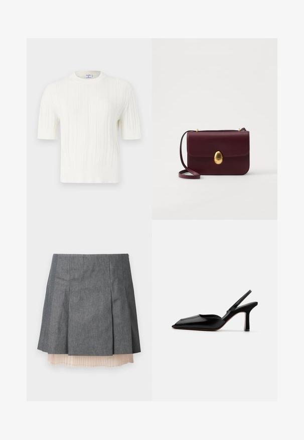 Biele pletené krátke rukávy sveter s vertikálnym ryhovaním a okrúhlym výstrihom. Vyrobené z mäkkej tkaniny s textúrovaným povrchom.; Sivá skladaná sukňa s textúrovaným povrchom, obsahujúca polpriehľadnú svetloružovú skladanú vnútornú vrstvu a postranný zips.; Čierne kožené sandále na podpätku s špicatou špičkou, minimalistický dizajn, tenký remienok okolo členka a elegantný stiletto podpätok. Hladká textúra.; Burgundská kožená crossbody taška s hladkým povrchom, oválnym zlatým zapínaním a nastaviteľným popruhom, s jednoduchým obdĺžnikovým tvarom.