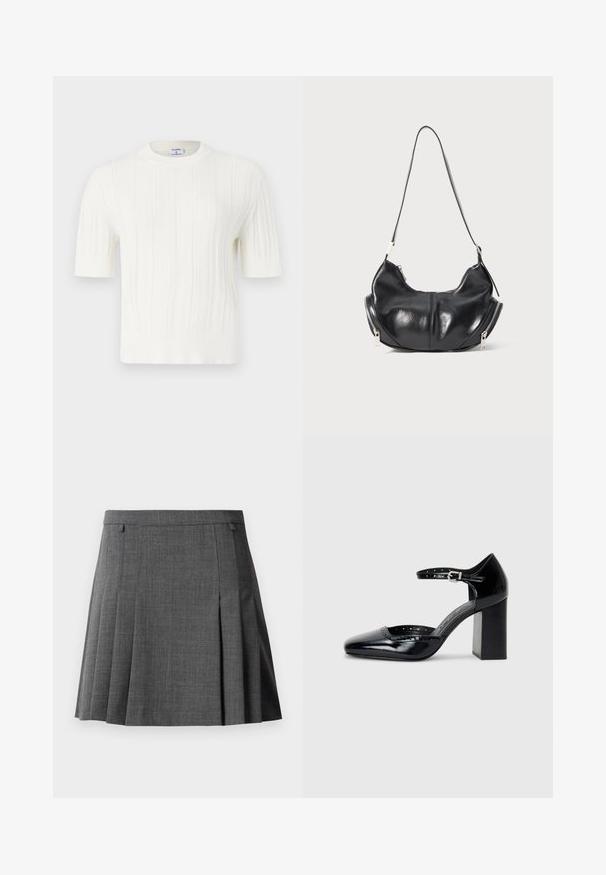 Fehér, kötött, rövid ujjú pulóver, függőleges bordázással és kerek nyakkivágással. Puha anyagból készült, textúrált felülettel.; Szürke, pliszírozott szoknya, illeszkedő derékrésszel, sima, közepesen nehéz anyagból készült.; Fekete patent bőr, magas sarkú cipők négyzetes orral, bokapánttal és vastag sarkal. A szélén lyukacsos díszítéssel.; Fekete bőr, félhold alakú válltáska ezüst cipzárakkal mindkét oldalon és egyetlen pánttal.