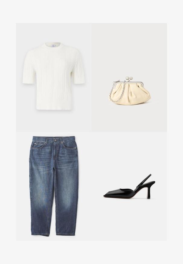 Valkoinen neulehihainen lyhythihainen neulepaita, jossa on pystysuoraa ribbiä ja pyöreä pääntie. Valmistettu pehmeästä kankaasta, jossa on teksturoitu pinta.; Tummansiniset farkut, joissa on viisi taskua, napilla ja vetoketjulla varustettu sulkeminen, suora lahkeiden muotoilu ja kontrastiväriset ompelutiedot.; Mustasilkki slingback-korkokengät, joissa on terävä kärki, minimalistinen muotoilu, ohut nilkkaremmi ja tyylikäs stiletto-korko. Silkkinen pinta.; Beige nahkaista kassi, jossa on laskostus ja hopeinen metallirunko, kaksi pyöreää koristeellista solkea sekä hopeaketjuolkayh.