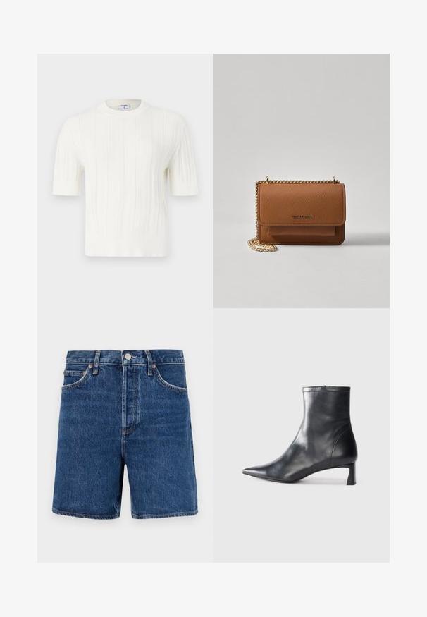 Balts adīts īsrokass džemperis ar vertikālu ribu un apaļu kakla izgriezumu. Izgatavots no mīkstas auduma ar teksturētu apdari.; Tumši zili džinsu šorti ar klasisko griezumu, pieci kabatas, pogu aizdare un kontrastējoši oranži diegi.; Melnas ādas potītes zābaki ar norādītu pirkstu un elegantu dizainu. Iezīmē zemu papēdi un rāvējslēdzēja aizdari aizmugurē. Gluda tekstūra.; Brūna teksturēta ādas plecu soma ar zelta ķēdes siksnu un atloka aizdari. Priekšpusē ir logotipa detaļa un kabata zem atloka.