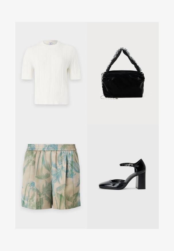 Bílý pletený svetr s krátkým rukávem, který má vertikální žebrování a kulatý výstřih. Vyrobeno z měkké látky s texturovaným povrchem.; Kraťasy z lehkého materiálu s béžovým pozadím a modro-zelenými vzory palmových listů, elastickým pasem a skládacím designem.; Černé lakované kožené vysoké podpatky se čtveratou špičkou, řemínkem kolem kotníku a masivním podpatkem. Obsahuje perforované detaily na okraji.; Černá kabelka z umělé kůže s texturovaným povrchem, zdobená perlovým stříbrným akcentem podél horního ucha a řetízkovým popruhem.