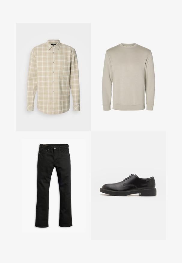 Beige pitkähihaisen crewneck-sweatshirtin valmistus pehmeistä materiaaleista, jossa on ribbatut hihansuut ja helma, sileä rakenne ja minimalismi suunnittelu.; Mads Nørgaard ALASKA CHECK SUNE SHIRT - Vapaa-ajan kauluspaita - vanilla ice/silver sage; Mustat farkut suoralla lahkeella, viisi taskua, metallipainikekiinnitys ja huomaamattomat ompelu yksityiskohdat. Liukas pinta ja tasainen väri.; Mustat nahkasaappaat, joissa on pyöreä kärki, sileä pinta, minimaalinen ommel ja matala kumipohja. Logo kannassa.